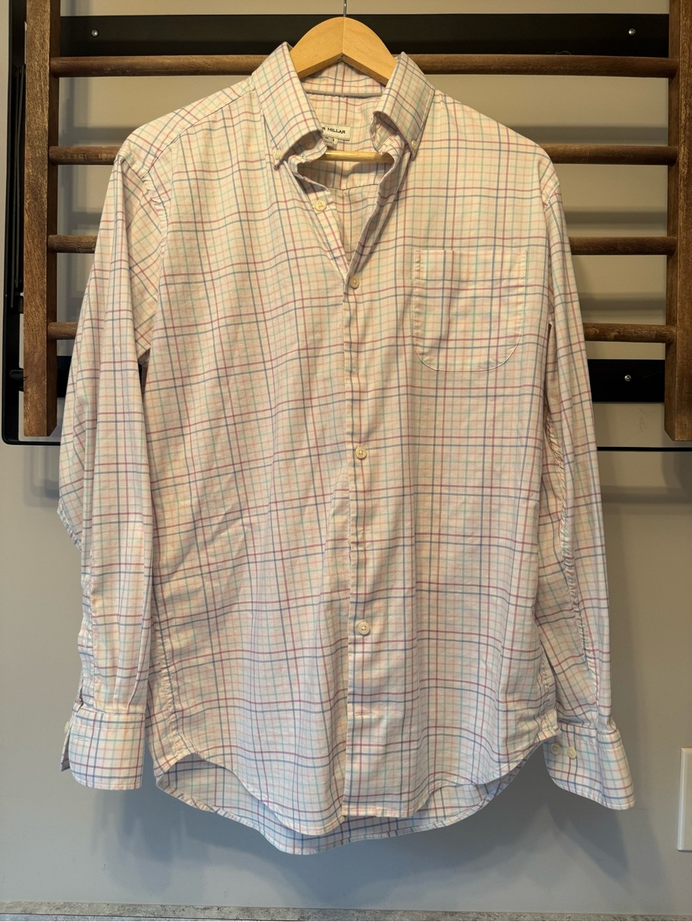 Peter Millar White Button-Down Shirt with Pastel Windowpane Checks